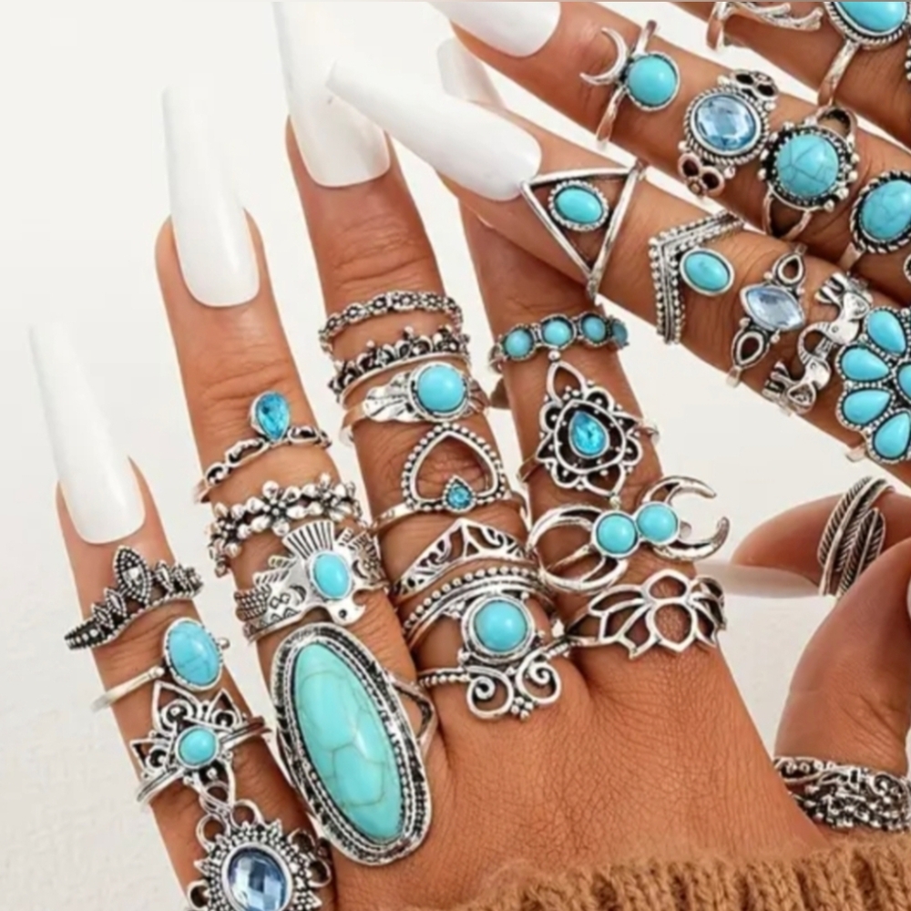 20 Boho Rings Blue Silvery Western Bohemian Style Silver Tone Rodeo Jewelry - Picture 2 of 5